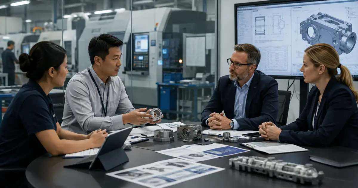 OEM supplier and sourcing team reviewing digital presence for OEM vendor approval in a realistic professional setting.
