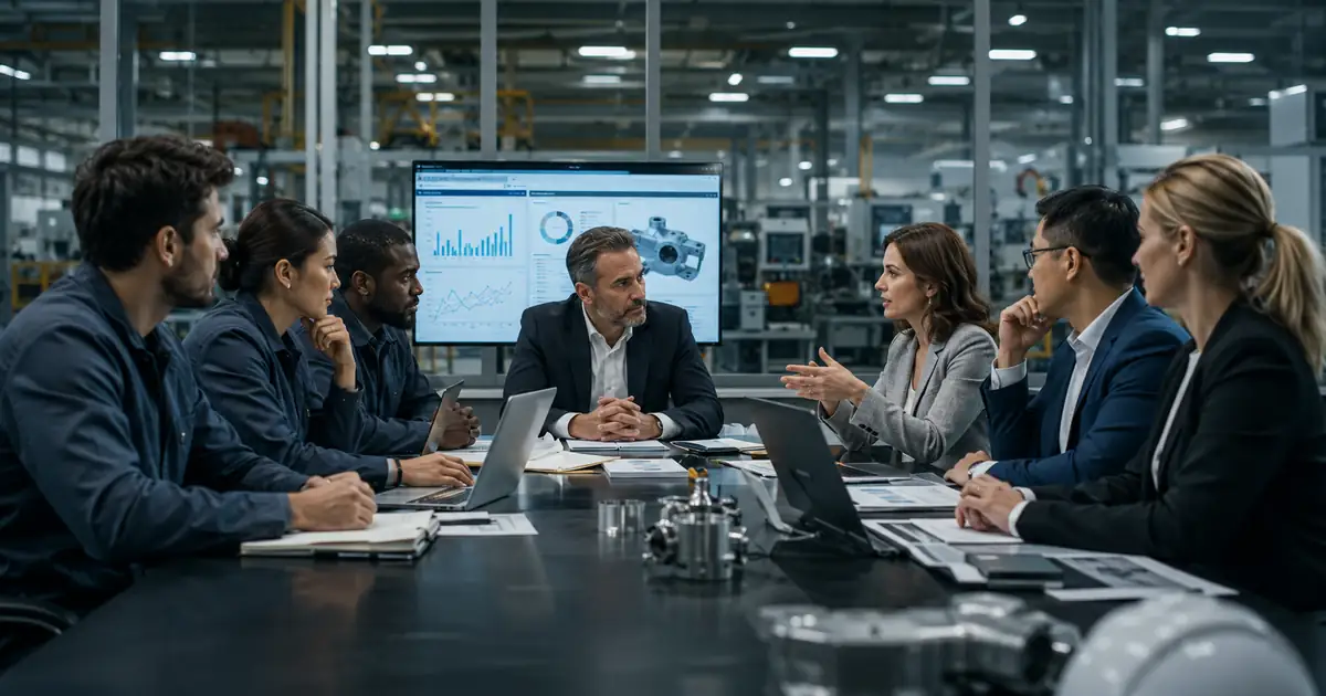 B2B commercial leadership team reviewing agency vs in-house marketing for manufacturers in a realistic professional setting.