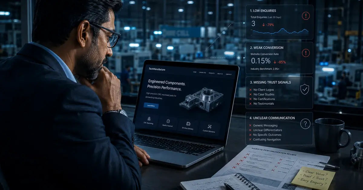 Indian exporter reviewing digital buyer enquiries, search and direct international demand channels