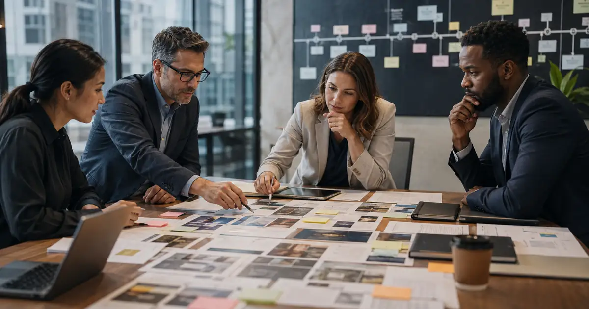 B2B buyer reviewing long B2B sales cycle content strategy in a realistic professional setting.