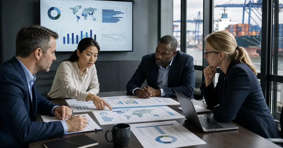 B2B commercial leadership team reviewing digital marketing budget for manufacturers and exporters in a realistic professional setting.