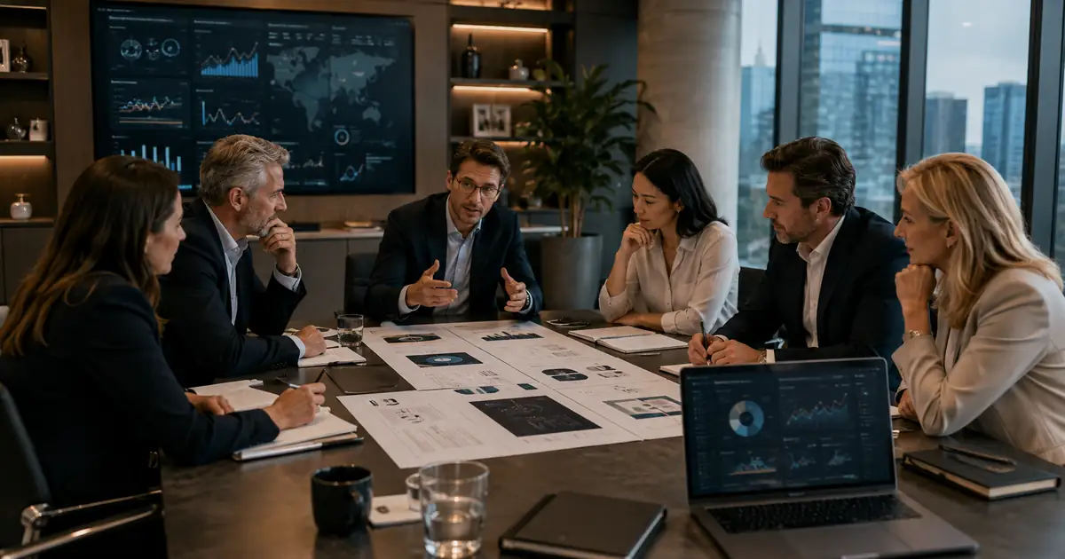 B2B commercial leadership team reviewing TSPACE Global 90-day B2B growth process in a realistic professional setting.