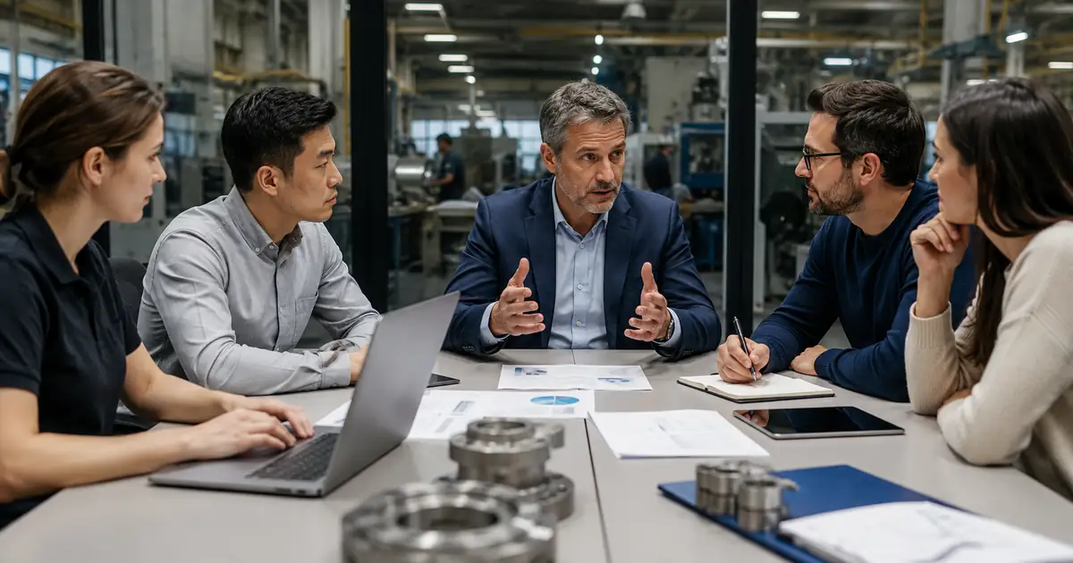B2B commercial leadership team reviewing in-house vs agency vs freelancer for manufacturers in a realistic professional setting.