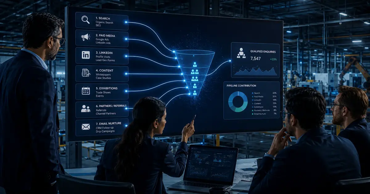 Industrial B2B decision-maker reviewing search, LinkedIn, RFQ and digital enquiry channels inside a factory