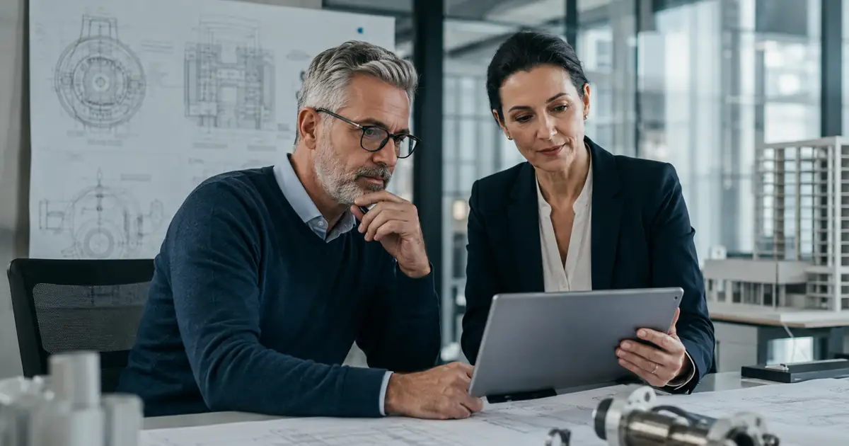 Engineering team reviewing LinkedIn for engineering companies in a realistic professional setting.