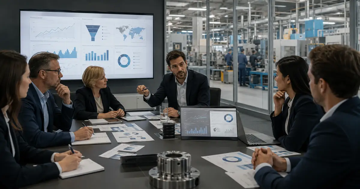 B2B commercial leadership team reviewing questions before hiring a B2B growth agency in a realistic professional setting.