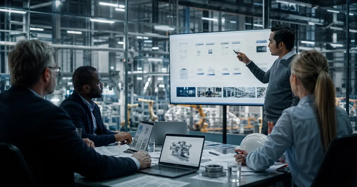 Manufacturing team reviewing SEO for manufacturing companies in a realistic professional setting.