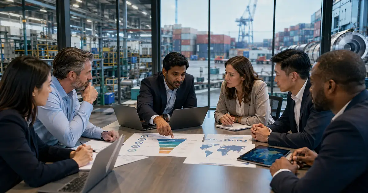 B2B commercial leadership team reviewing digital marketing funnel for manufacturers and exporters in a realistic professional setting.