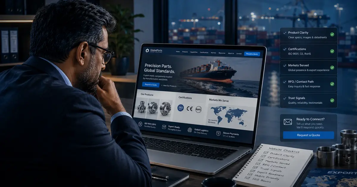 B2B decision-maker reviewing an industrial brand's product information, website performance and commercial credibility