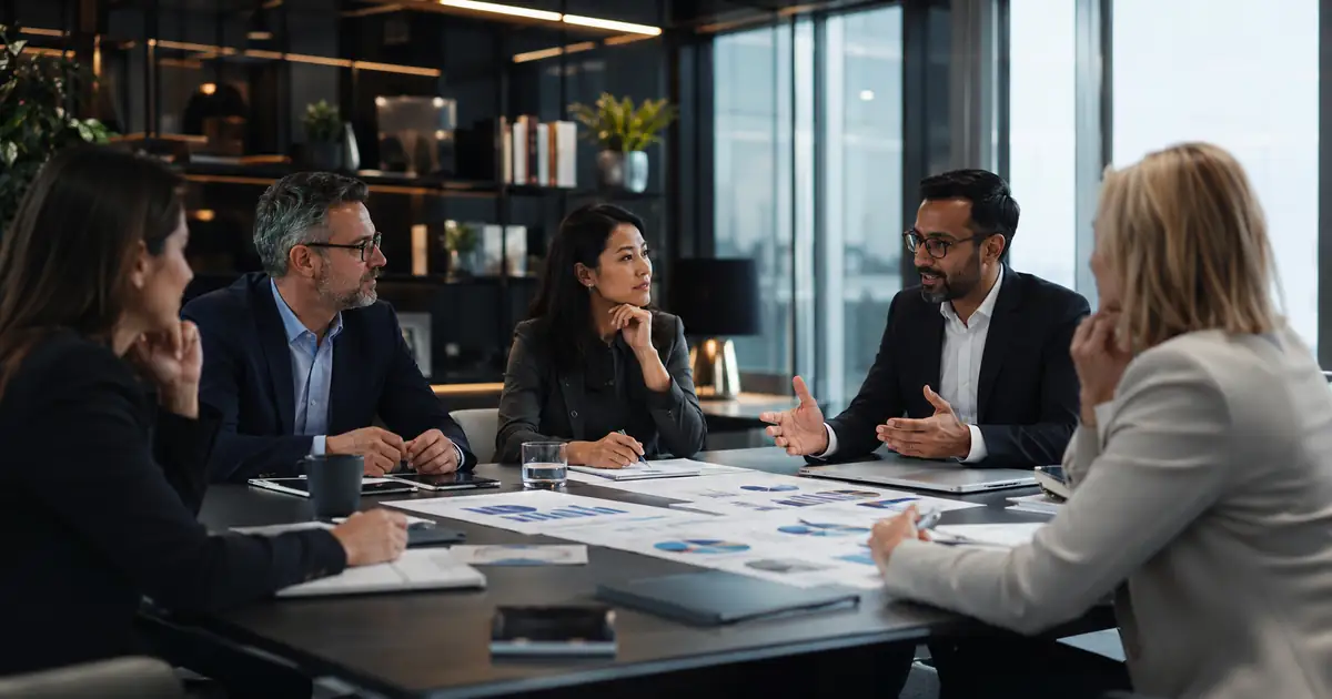 B2B commercial leadership team reviewing B2B online growth engagement in a realistic professional setting.