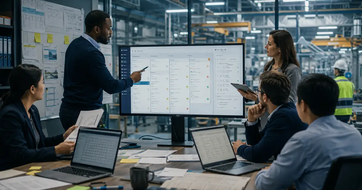 Industrial sales team reviewing CRM for industrial B2B companies in a realistic professional setting.