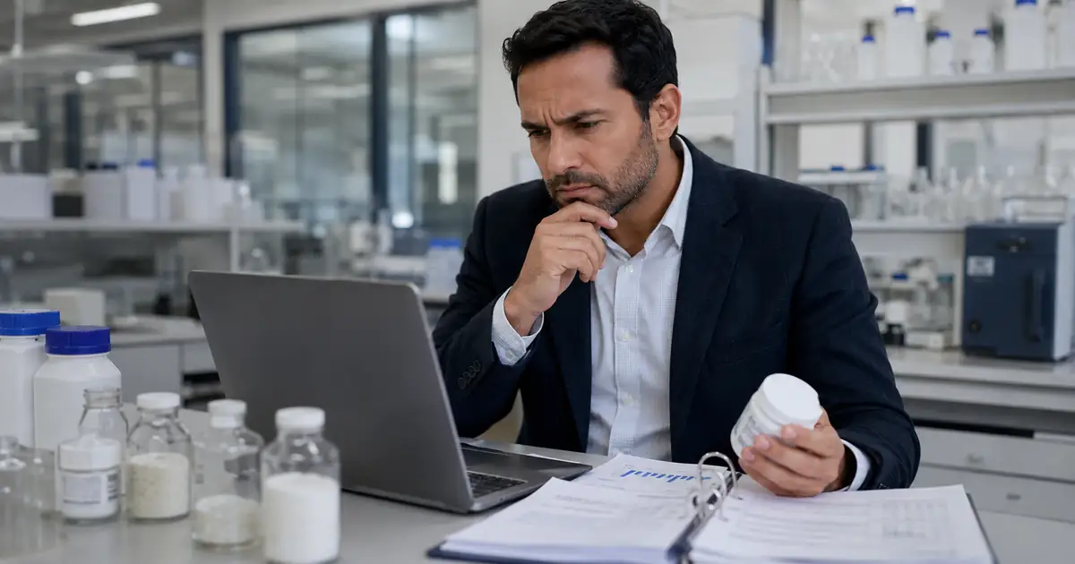 Chemical manufacturer and technical buyer reviewing chemical supplier website in a realistic professional setting.