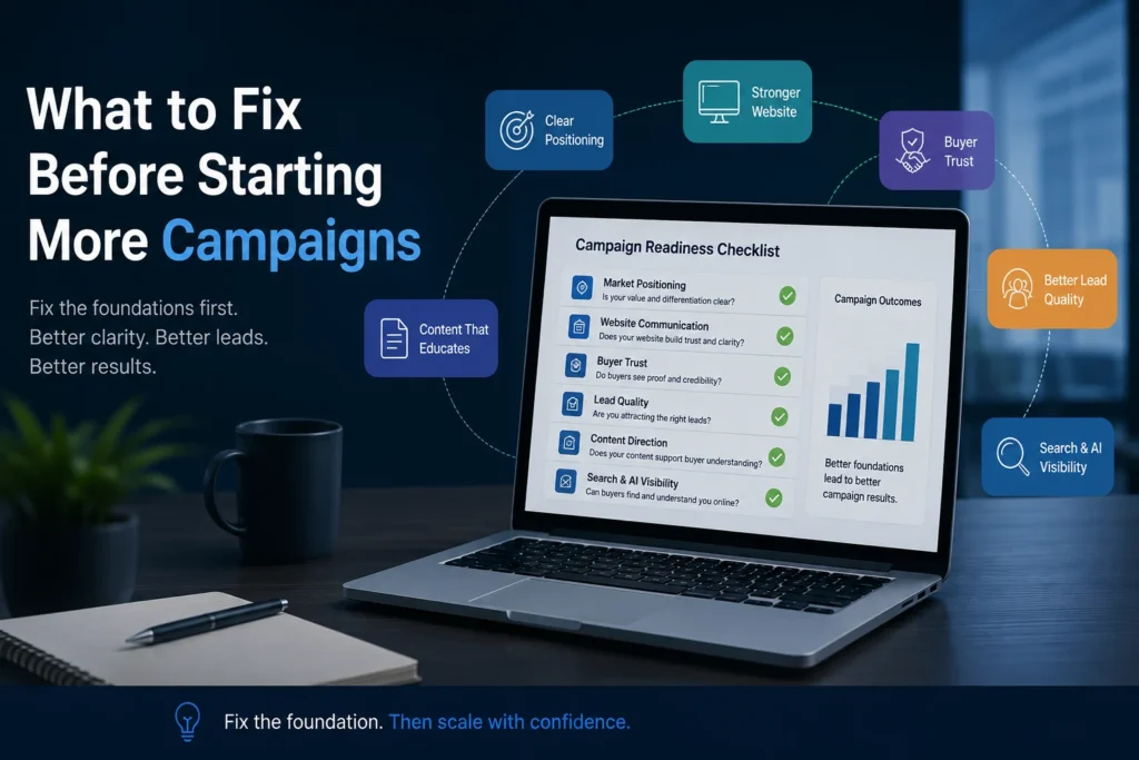 B2B campaign readiness checklist showing positioning website communication buyer trust and lead quality before starting more campaigns