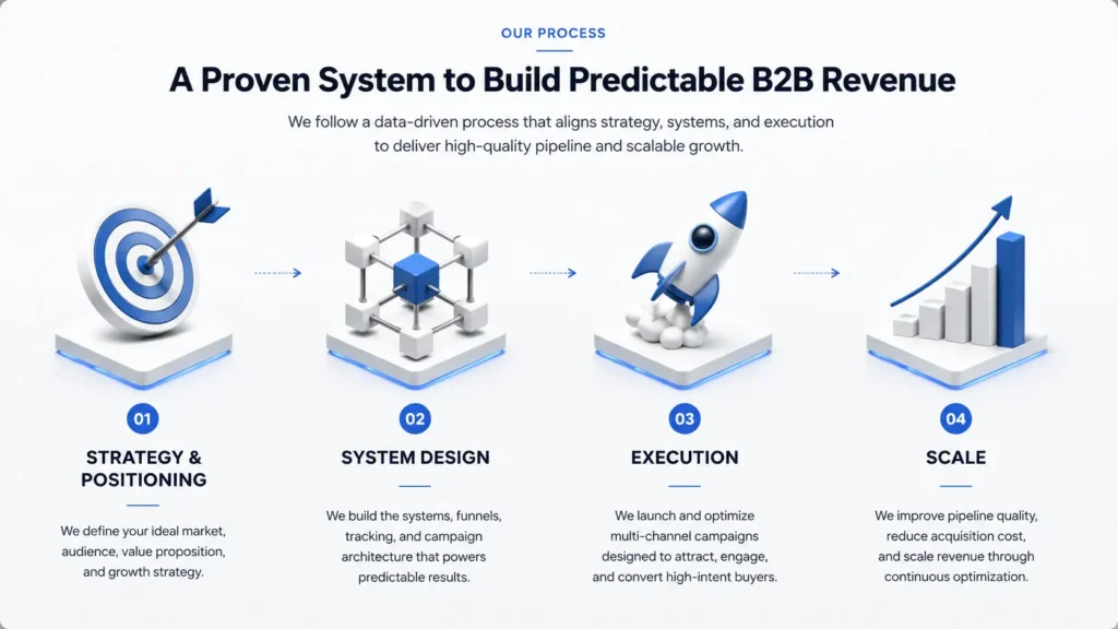 B2B demand generation process framework showing strategy system design execution and revenue scaling