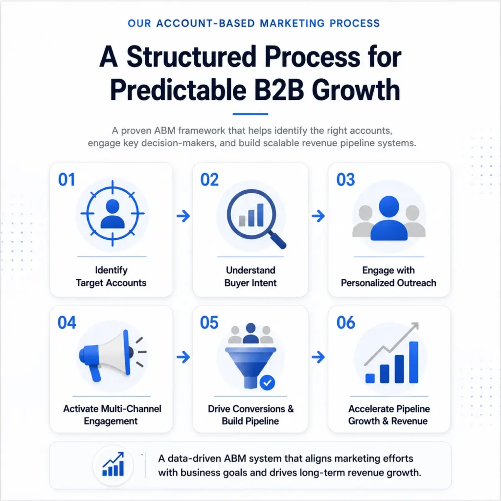 Square infographic showing account based marketing process for B2B pipeline growth and revenue generation