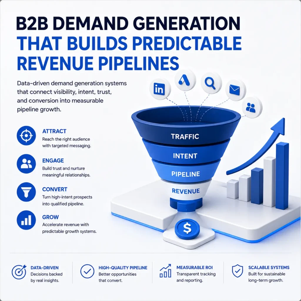 B2B demand generation funnel showing traffic intent pipeline and revenue growth system