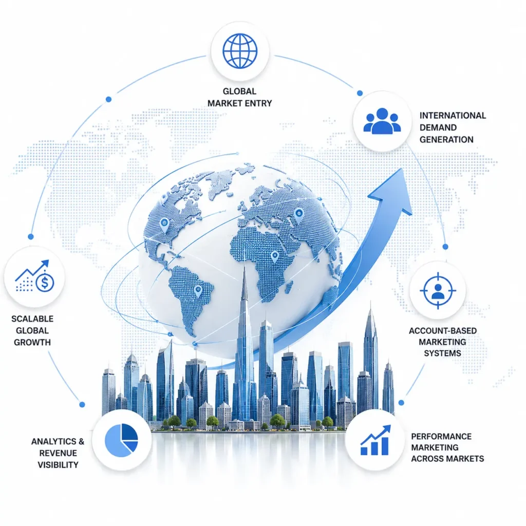 Global market expansion framework for B2B demand generation, international acquisition systems, and scalable revenue growth
