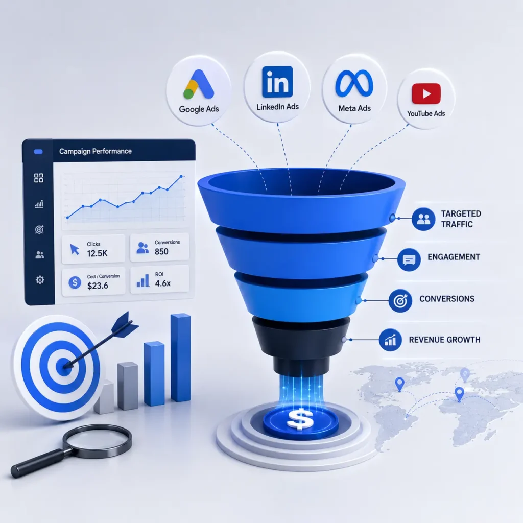 Performance marketing funnel showing targeted traffic engagement conversions and revenue growth